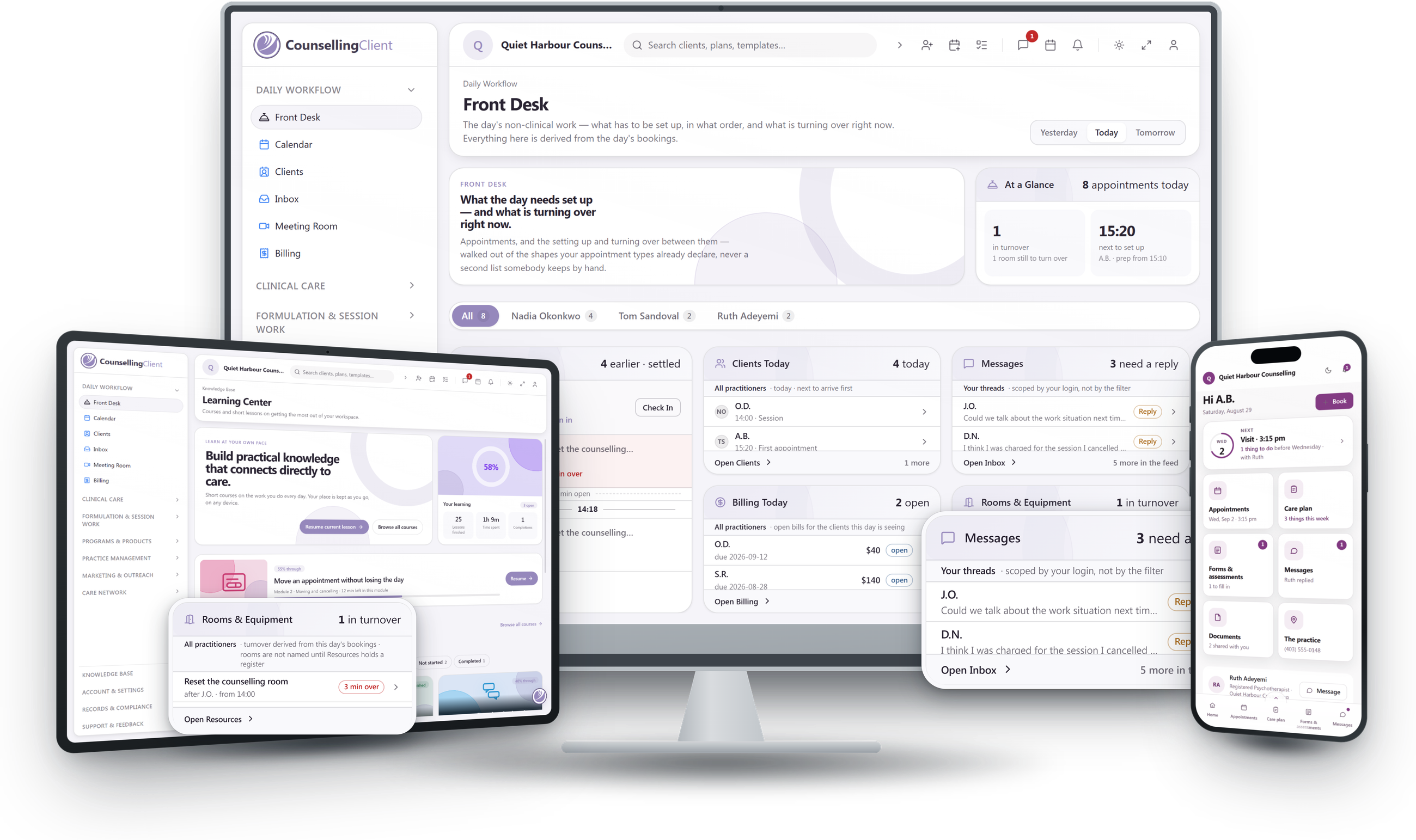 CounsellingClient shown on desktop and mobile — the front desk view, calendar, client records and client-facing portal.